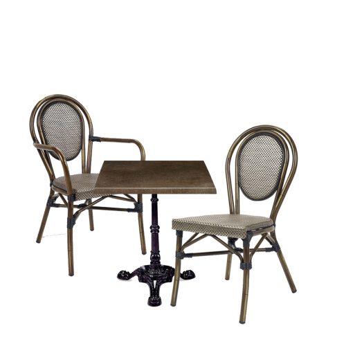 Conjunto mesa paris con tablero bronce y silla y sillon bulevar dorado